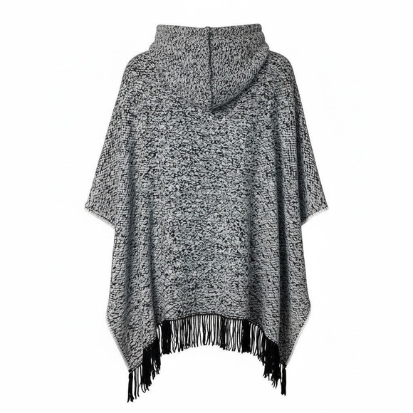 NWT Faded Glory Hooded Button Poncho Gray Knit Fringe One Size - Picture 3 of 5
